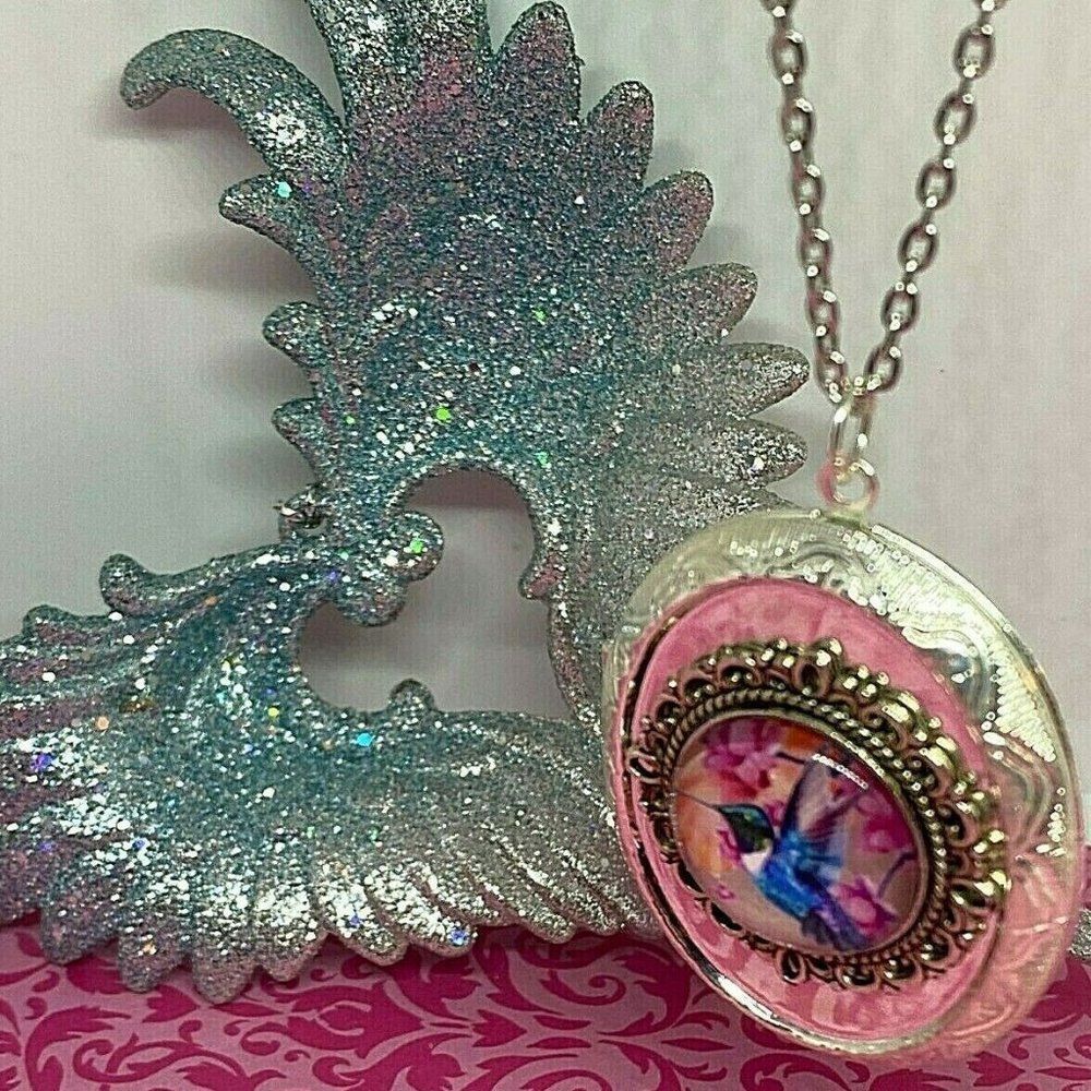 Hummingbird Locket Necklace Silver Pill box fancy - Picture 4 of 8